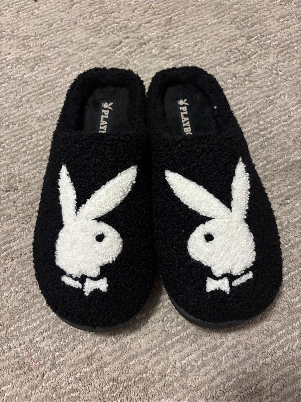 PLAYBOY Black Plush Slippers with White Bunny Logo